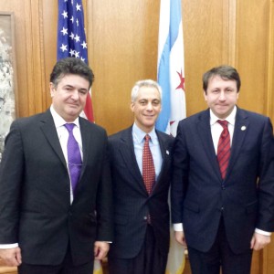 Left to Right: Honorary Consul Dorel Nasui, Mayor Rahm Emanuel, Ambassador Igor Munteanu.